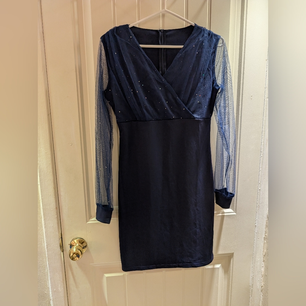 Chic Long Sleeve Navy Dress with Sheer Accents